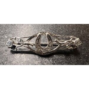 Sterling Silver Horseshoe Bar Pin With Floral Motif And Clear Pastes 1 1/2"